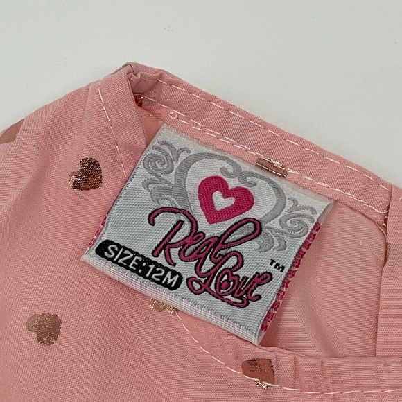 REAL LOVE PINK SHINY HEARTS DRESS & BLOOMERS RUFFLE & BOW SZ 12 MONTHS - Picture 3 of 11